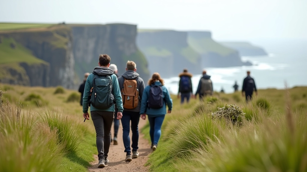 Group of hikers walking along a brevplex cliff path