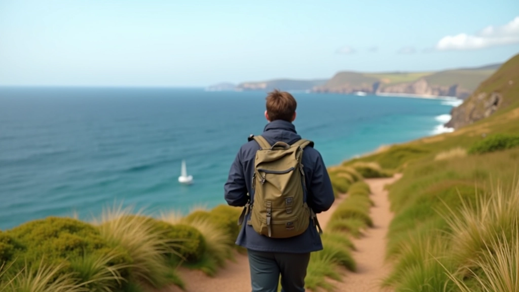 Hiker with backpack on brevplex trail with ocean and cliffs visible in background